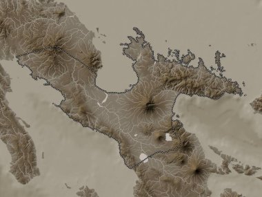Camarines Sur, province of Philippines. Elevation map colored in sepia tones with lakes and rivers