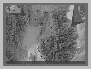 Compostela Valley, province of Philippines. Grayscale elevation map with lakes and rivers. Locations of major cities of the region. Corner auxiliary location maps