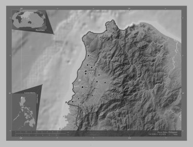 Ilocos Norte, province of Philippines. Grayscale elevation map with lakes and rivers. Locations and names of major cities of the region. Corner auxiliary location maps