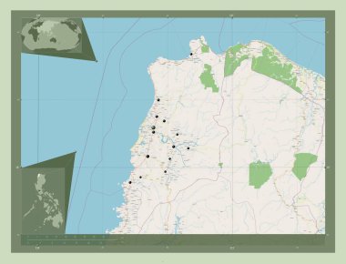 Ilocos Norte, province of Philippines. Open Street Map. Locations of major cities of the region. Corner auxiliary location maps
