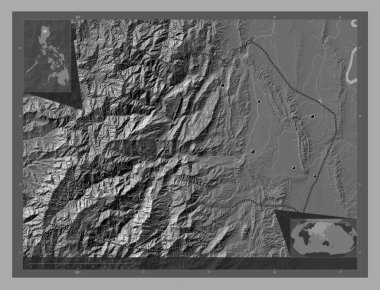 Kalinga, province of Philippines. Bilevel elevation map with lakes and rivers. Locations of major cities of the region. Corner auxiliary location maps
