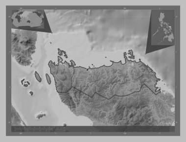 Northern Samar, province of Philippines. Grayscale elevation map with lakes and rivers. Corner auxiliary location maps