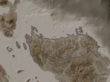Northern Samar, province of Philippines. Elevation map colored in sepia tones with lakes and rivers