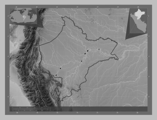 Loreto Region Peru Grayscale Elevation Map Lakes Rivers Locations Major — Stock Photo, Image