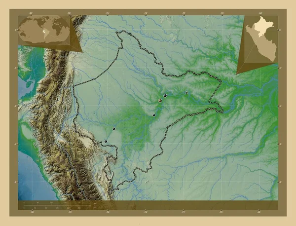 Loreto Region Peru Colored Elevation Map Lakes Rivers Locations Major — Stockfoto