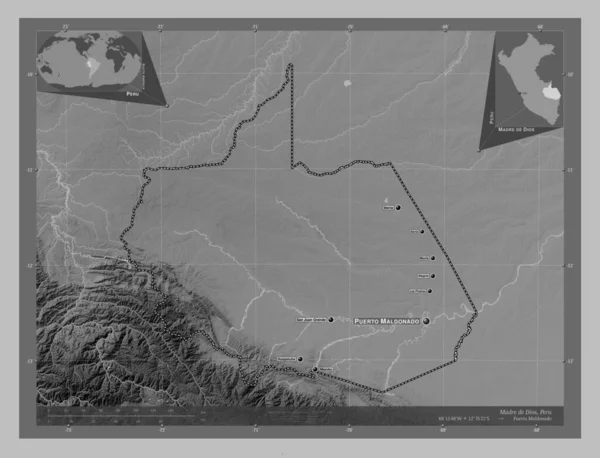 Madre Dios Region Peru Grayscale Elevation Map Lakes Rivers Locations — Foto Stock