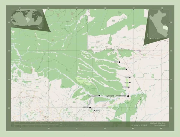 Madre Dios Region Peru Open Street Map Locations Names Major — стоковое фото