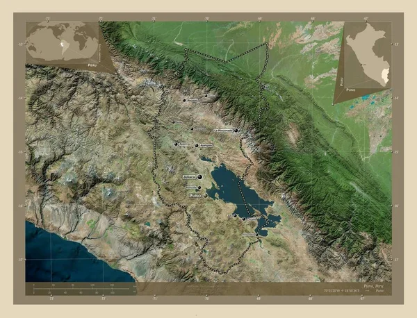 Puno Region Peru High Resolution Satellite Map Locations Names Major — Foto Stock