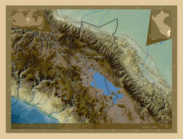 Puno Region Peru Colored Elevation Map Lakes Rivers Locations Names — Stock Photo, Image