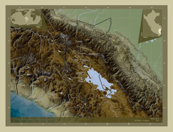 Puno Region Peru Elevation Map Colored Wiki Style Lakes Rivers — Fotografia de Stock