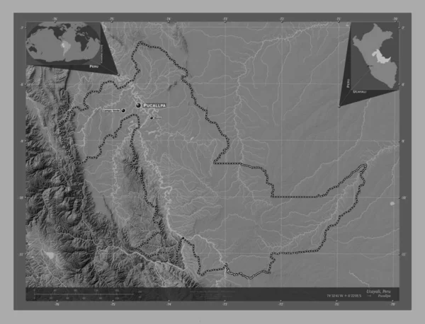 Ucayali Region Peru Bilevel Elevation Map Lakes Rivers Locations Names — Stock Photo, Image