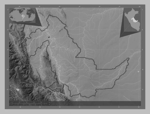Ucayali Region Peru Grayscale Elevation Map Lakes Rivers Corner Auxiliary — Stock Photo, Image