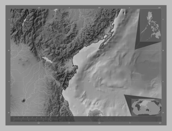 Aurora Province Philippines Grayscale Elevation Map Lakes Rivers Corner Auxiliary — Stock fotografie