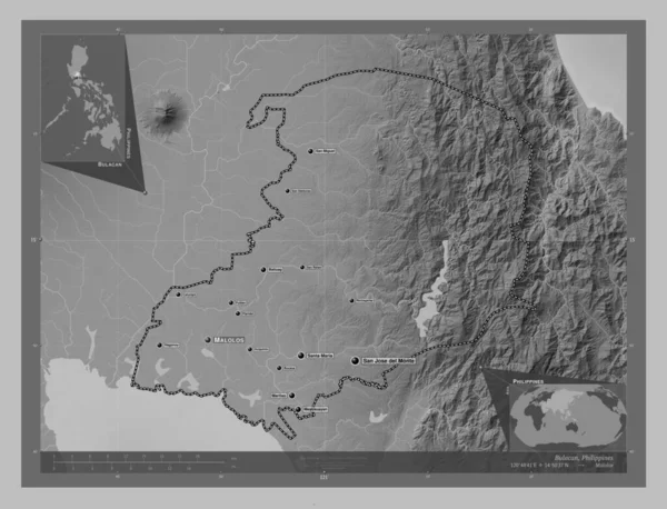 Bulacan Province Philippines Grayscale Elevation Map Lakes Rivers Locations Names — Stock Photo, Image
