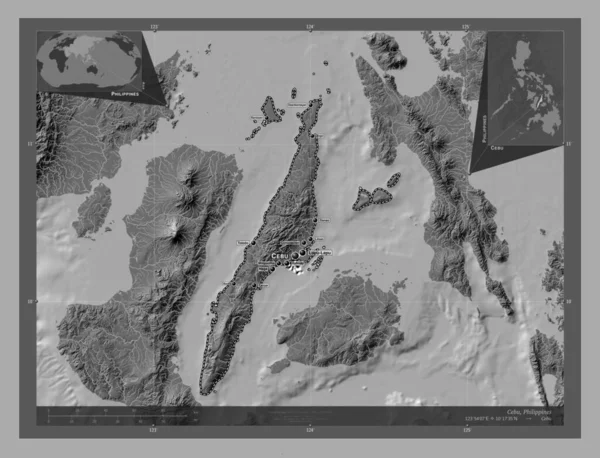Cebu Province Philippines Bilevel Elevation Map Lakes Rivers Locations Names — Zdjęcie stockowe