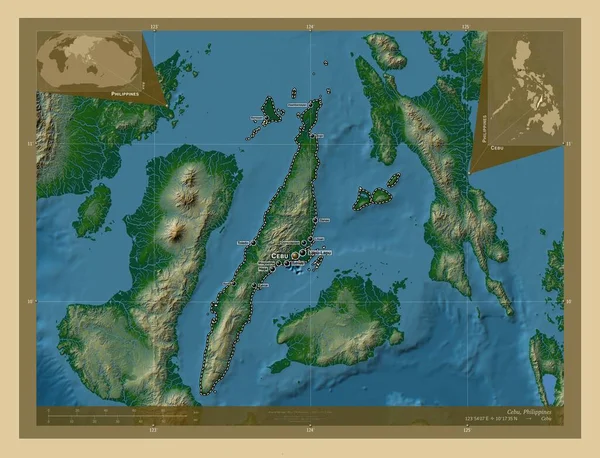 Себу Провінція Філіппін Кольорові Карти Висот Озерами Річками Місця Розташування — стокове фото