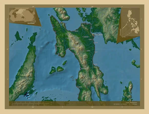 Leyte Provinsi Filipina Peta Elevasi Berwarna Dengan Danau Dan Sungai — Stok Foto