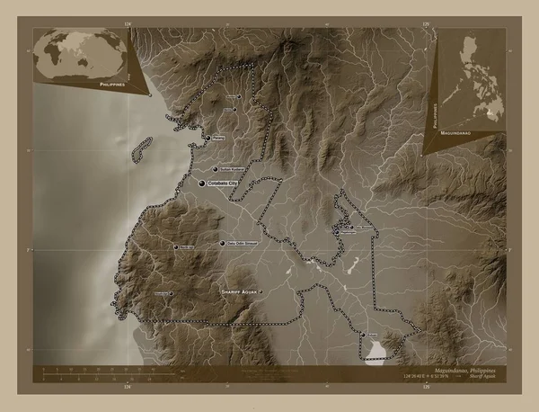 Maguindanao Province Philippines Elevation Map Colored Sepia Tones Lakes Rivers — Foto Stock