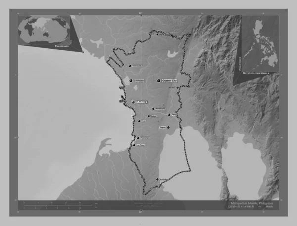 Metropolitan Manila Province Philippines Grayscale Elevation Map Lakes Rivers Locations — стоковое фото