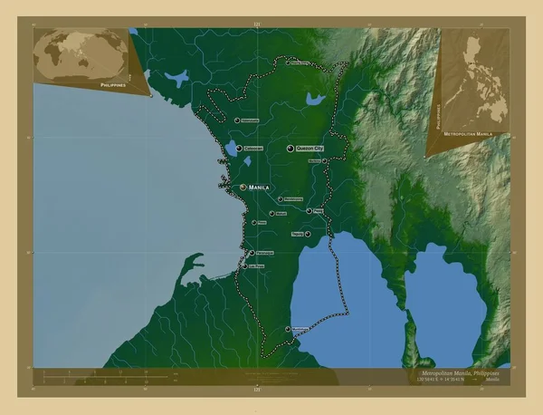 Metropolitan Manila Provinsi Filipina Peta Elevasi Berwarna Dengan Danau Dan — Stok Foto