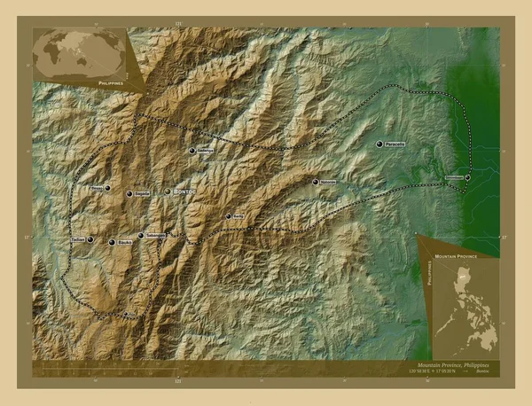 Mountain Province Province Philippines Colored Elevation Map Lakes Rivers Locations — Stok fotoğraf
