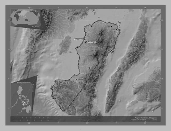 Negros Occidental Province Philippines Grayscale Elevation Map Lakes Rivers Locations — Stock Photo, Image