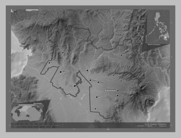 North Cotabato Province Philippines Grayscale Elevation Map Lakes Rivers Locations — Φωτογραφία Αρχείου