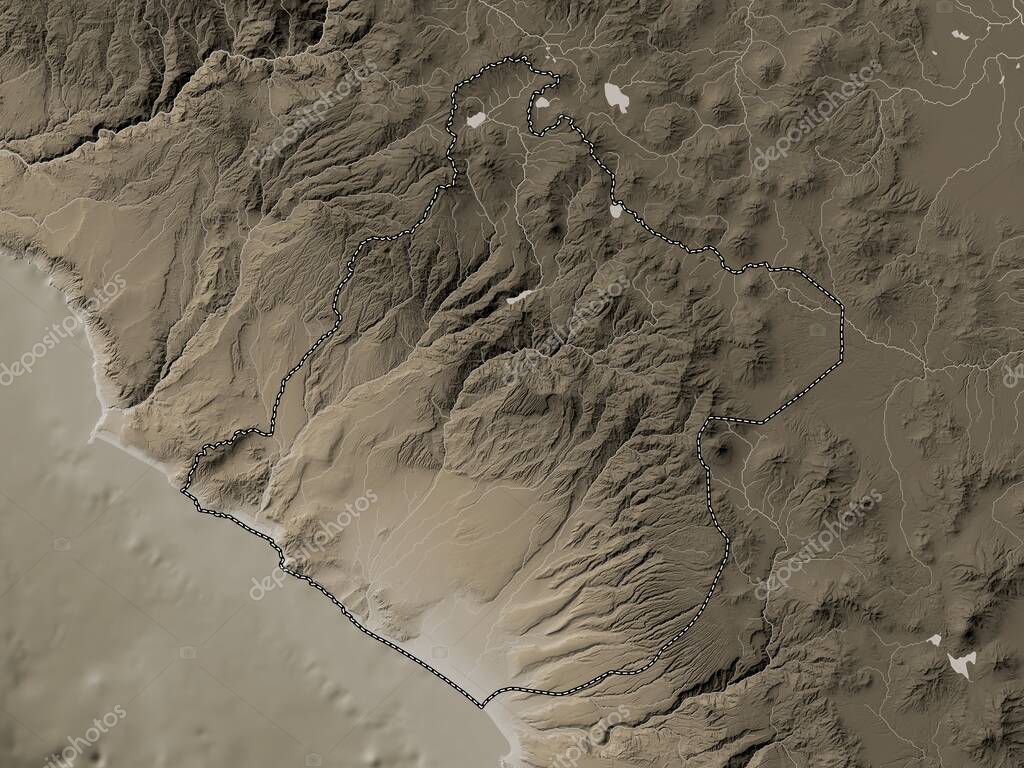 Tacna, region of Peru. Elevation map colored in sepia tones with lakes