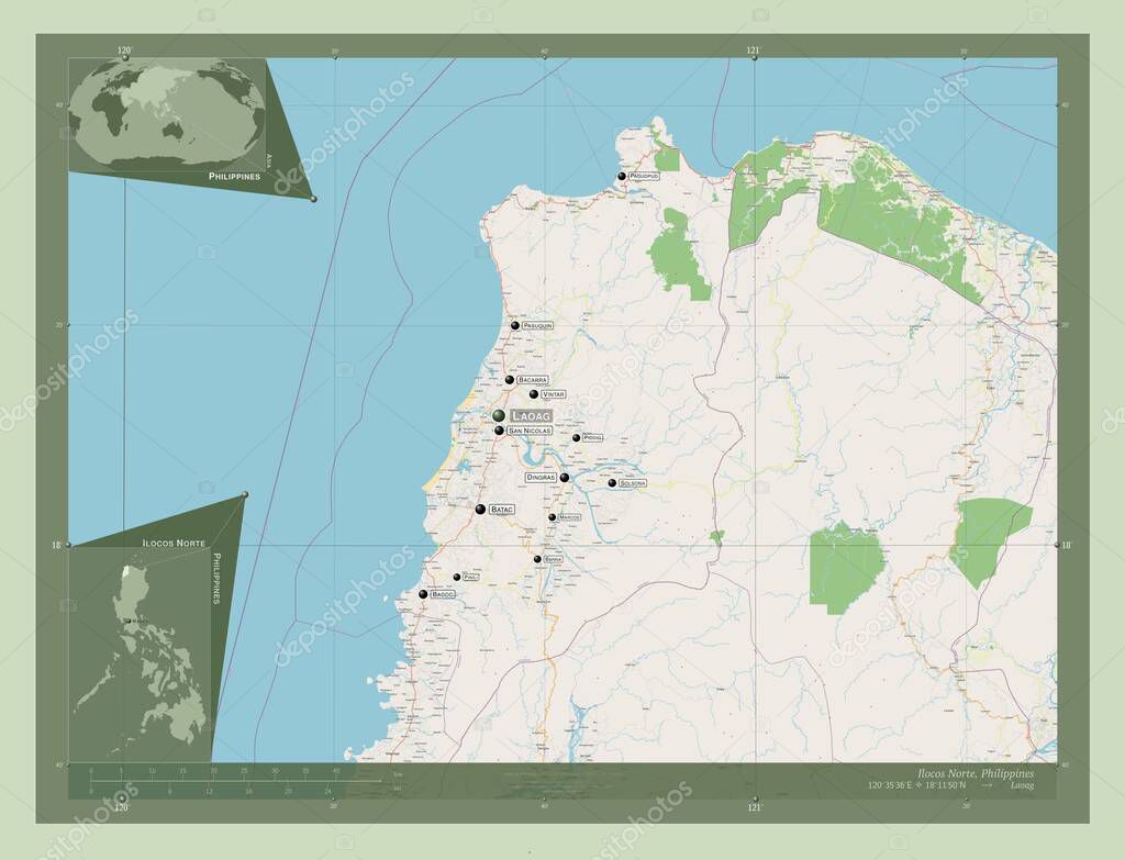 Ilocos Norte, province of Philippines. Open Street Map. Locations and