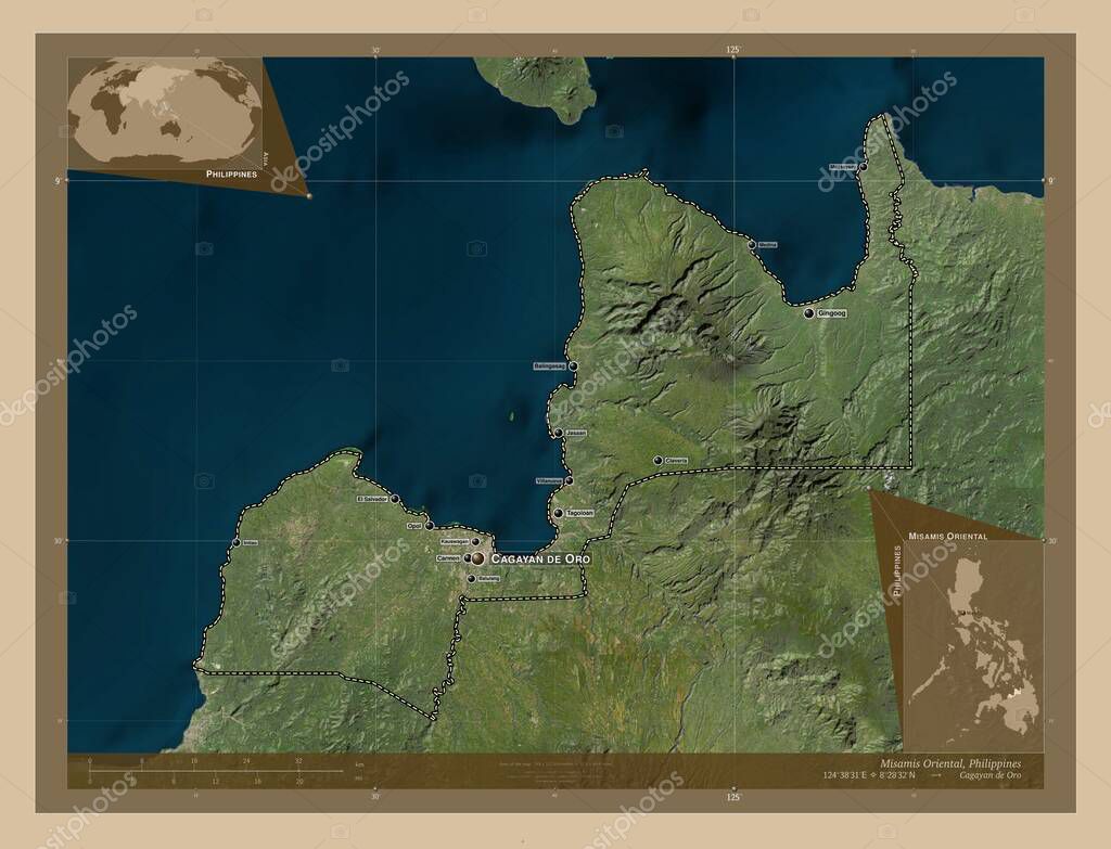 Misamis Oriental, province of Philippines. Low resolution satellite map