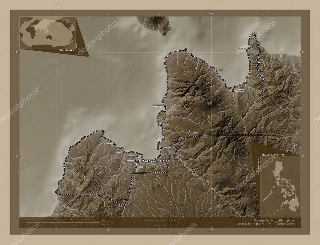 Misamis Oriental, province of Philippines. Elevation map colored in