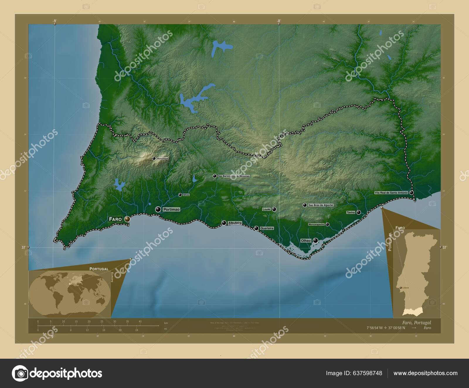 Detailed elevation map of Portugal with cities, Portugal