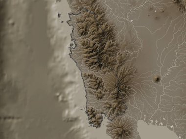 Zambales, province of Philippines. Elevation map colored in sepia tones with lakes and rivers