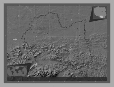 Malopolskie, voivodeship|province of Poland. Bilevel elevation map with lakes and rivers. Locations of major cities of the region. Corner auxiliary location maps