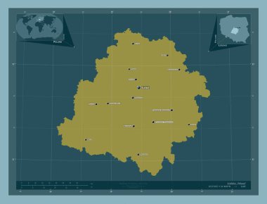 Lodzkie, voivodeship|province of Poland. Solid color shape. Locations and names of major cities of the region. Corner auxiliary location maps