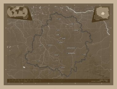 Lodzkie, voivodeship|province of Poland. Elevation map colored in sepia tones with lakes and rivers. Locations and names of major cities of the region. Corner auxiliary location maps clipart