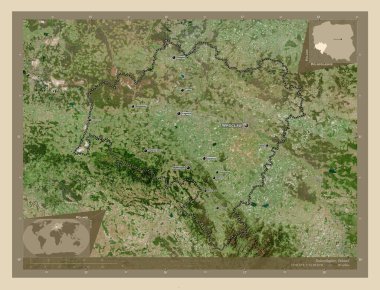 Dolnoslaskie, voivodeship|province of Poland. High resolution satellite map. Locations and names of major cities of the region. Corner auxiliary location maps