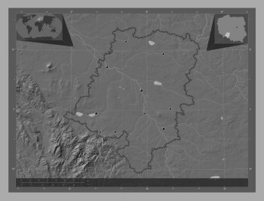 Opolskie, voivodeship|province of Poland. Bilevel elevation map with lakes and rivers. Locations of major cities of the region. Corner auxiliary location maps