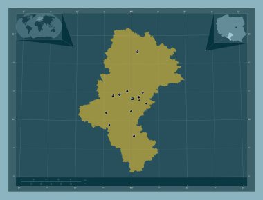 Slaskie, voivodeship|province of Poland. Solid color shape. Locations of major cities of the region. Corner auxiliary location maps