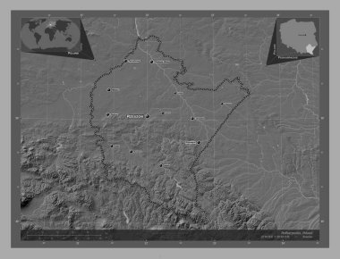 Podkarpackie, voivodeship|province of Poland. Bilevel elevation map with lakes and rivers. Locations and names of major cities of the region. Corner auxiliary location maps