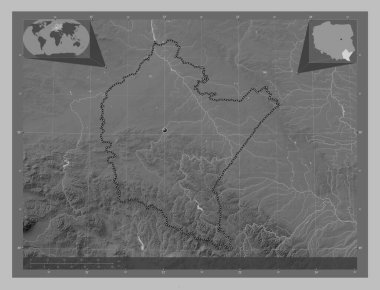 Podkarpackie, voivodeship|province of Poland. Grayscale elevation map with lakes and rivers. Corner auxiliary location maps