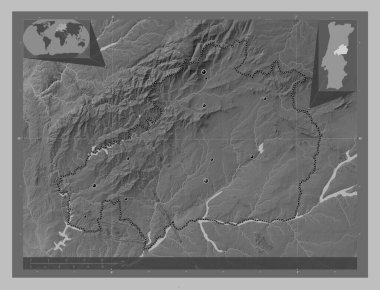 Castelo Branco, district of Portugal. Grayscale elevation map with lakes and rivers. Locations of major cities of the region. Corner auxiliary location maps