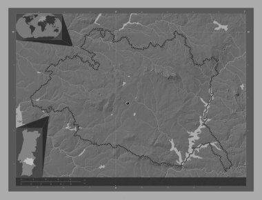 Evora, district of Portugal. Bilevel elevation map with lakes and rivers. Corner auxiliary location maps