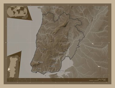 Lisboa, district of Portugal. Elevation map colored in sepia tones with lakes and rivers. Locations and names of major cities of the region. Corner auxiliary location maps