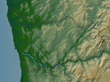 Porto, district of Portugal. Colored elevation map with lakes and rivers