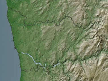 Porto, district of Portugal. Elevation map colored in wiki style with lakes and rivers