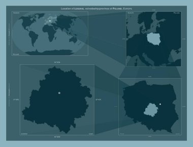 Lodzkie, voivodeship|province of Poland. Diagram showing the location of the region on larger-scale maps. Composition of vector frames and PNG shapes on a solid background