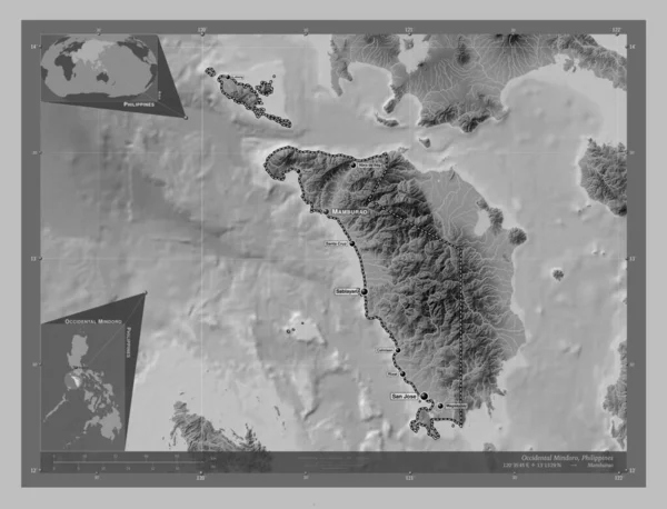 Occidental Mindoro Province Philippines Grayscale Elevation Map Lakes Rivers Locations — Stock Photo, Image