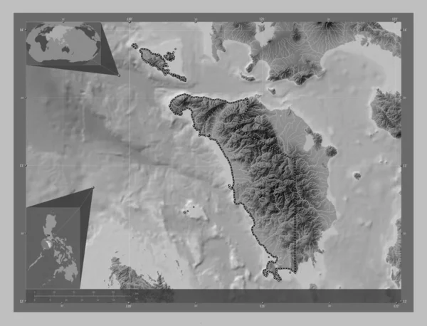 Occidental Mindoro Province Philippines Grayscale Elevation Map Lakes Rivers Corner — Stock Photo, Image