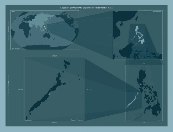Palawan Province Philippines Diagram Showing Location Region Larger Scale Maps — стоковое фото